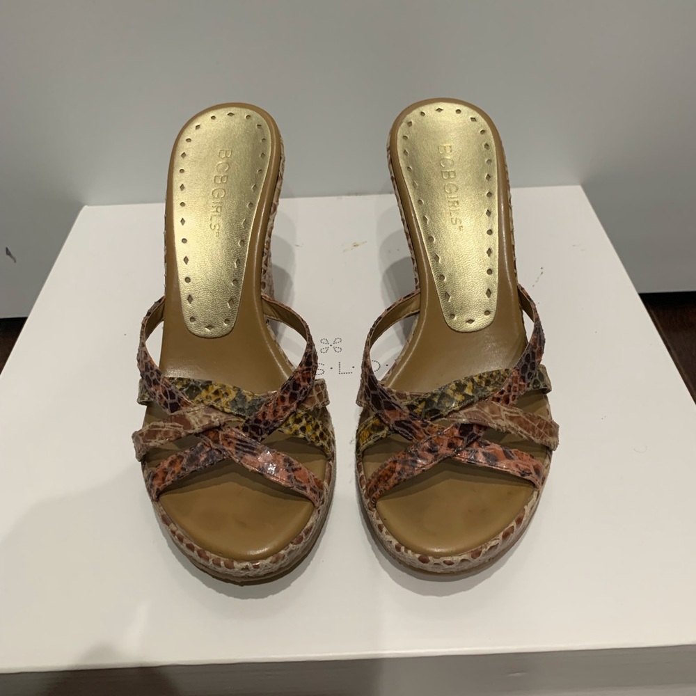 Orange/multi-colored high wedge sandal, size 6.